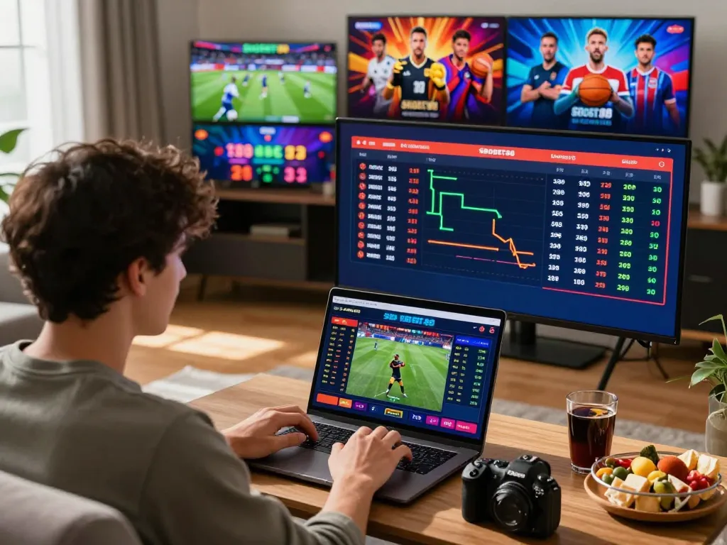 Engaging dynamic online betting with SBOBET88 showcasing live match stats and excitement in a cozy setting.
