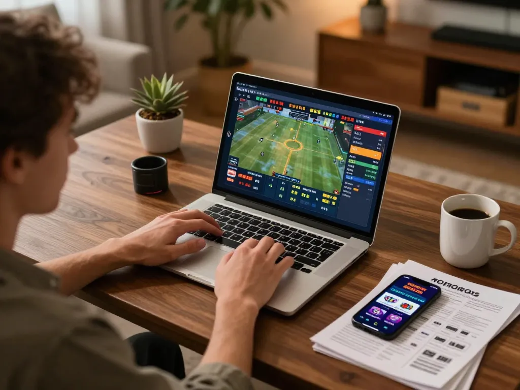 Engaged player betting on sports at home using ko66 online platform with live odds on screen