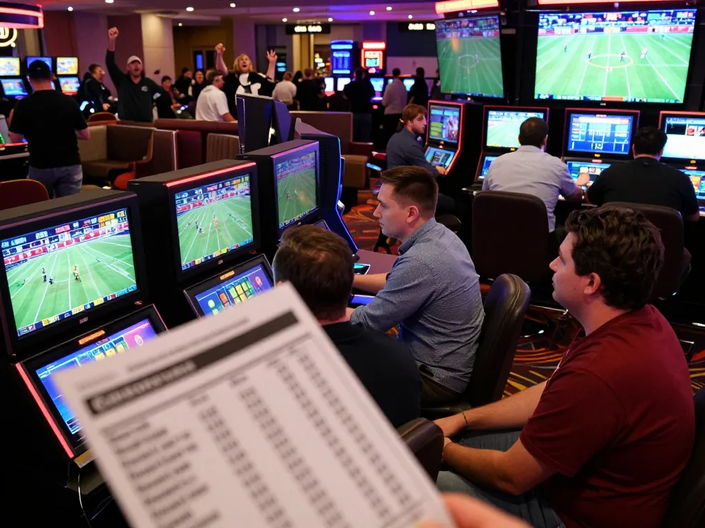 Kèo nhà cái 5 bettors analyze odds while engaging with live sports events in an exciting sportsbook.