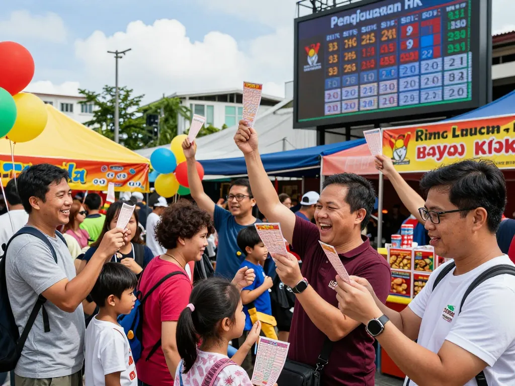 Perayaan Pengeluaran HK yang Meriah dengan pemain memeriksa tiket dan hasil di lingkungan luar ruang yang meriah.