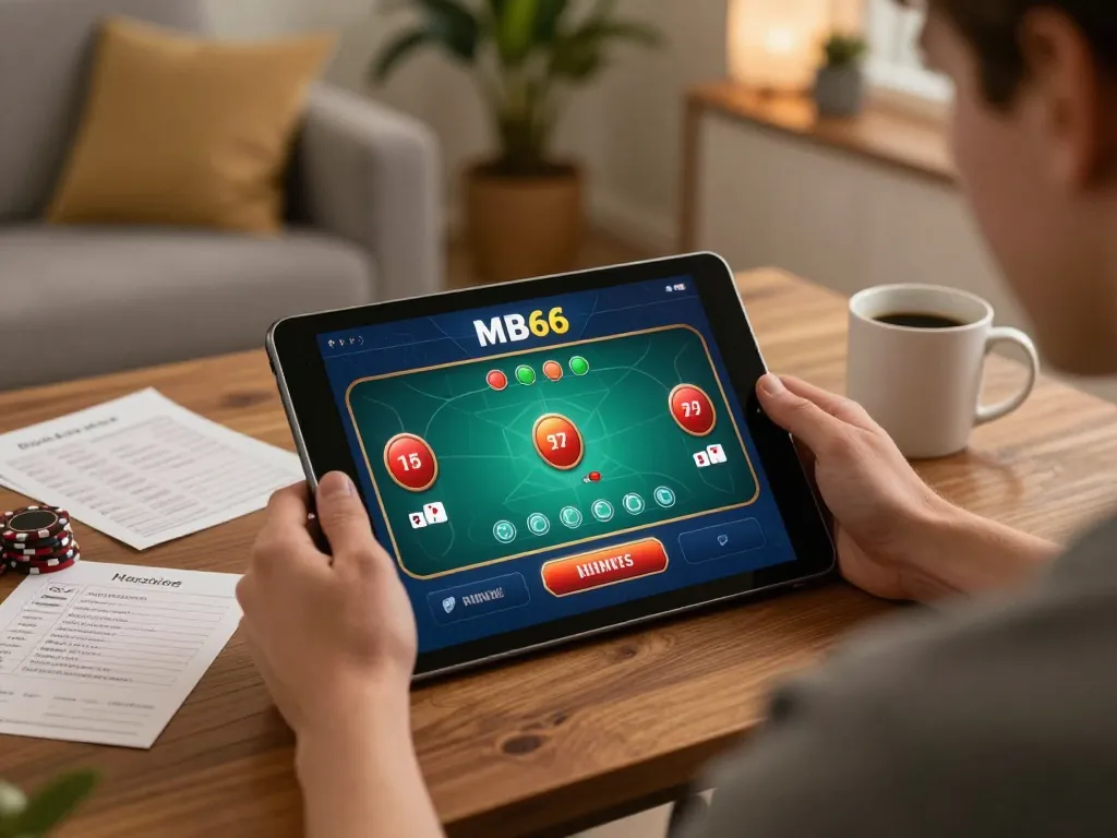 Person playing poker on MB66 tablet in cozy living room with betting notes.