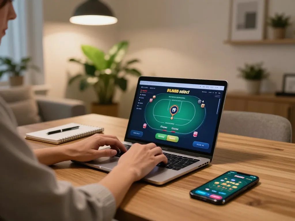 Engaging online gaming experience featuring fly88 select, with a player using a laptop for strategic poker gameplay in a cozy home setting