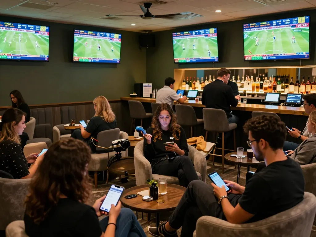 Xoilac sports betting lounge with vibrant screens displaying live matches and engaged bettors