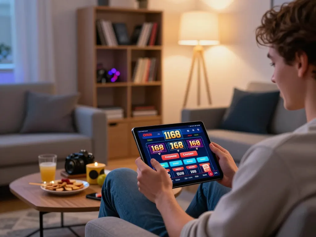 Player enjoying the f168 online casino app on a tablet in a cozy home setting, showcasing responsible gaming.