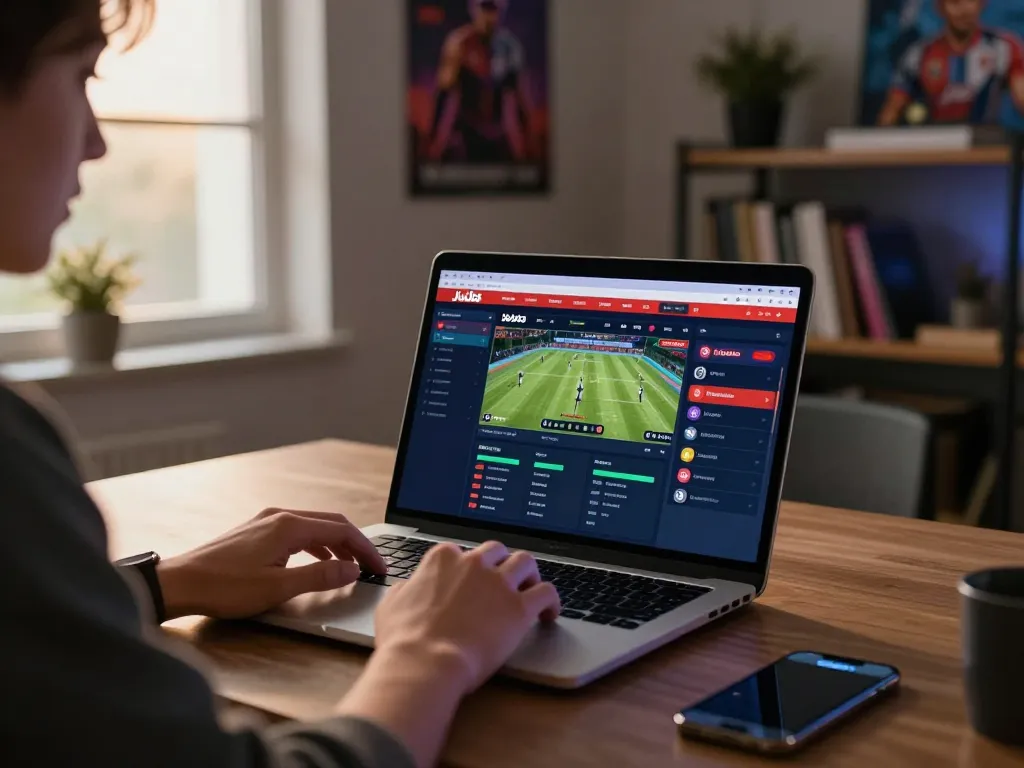 Pengalaman taruhan olahraga online yang menarik dengan antarmuka Judi Bola di laptop, menampilkan pilihan strategis Pemain.
