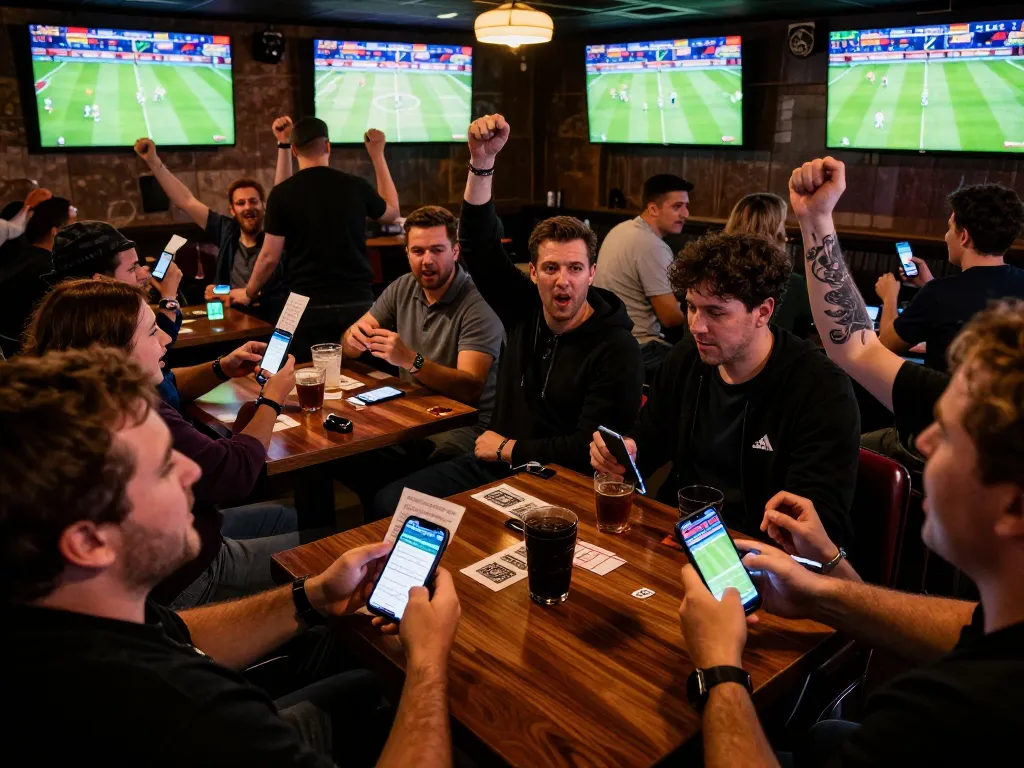 Antarmuka aplikasi SBOBET88 ditampilkan di smartphone di bar olahraga yang ramai selama taruhan langsung