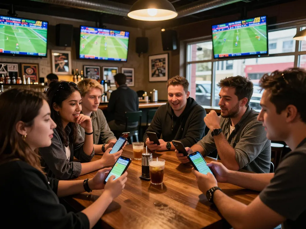 Excited group analyzing sports bets on smartphones at ee88go outdoor bar