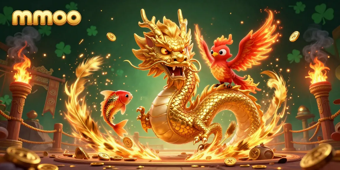 Win big with mmoo at our vibrant casino, featuring a magical dragon and phoenix amidst a shower of coins.