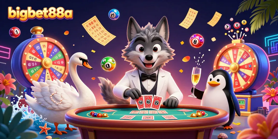 Engage in thrilling baccarat with bigbet88a featuring a debonair wolf, elegant swan, and sophisticated penguin.