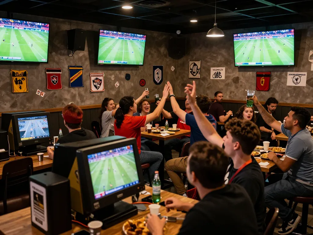 xem trực tiếp bóng đá hôm nay with fans cheering in a lively sports bar atmosphere
