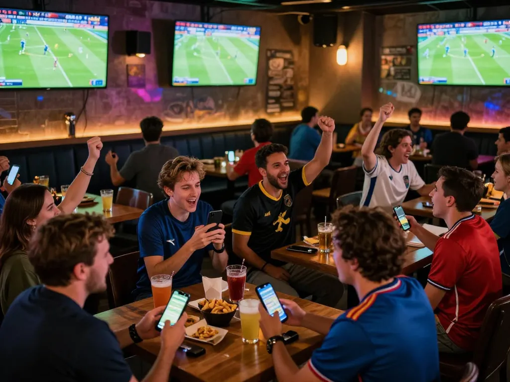 Xem trực tiếp bóng đá hôm nay at a lively sports bar where fans cheer and celebrate while placing bets on their smartphones.
