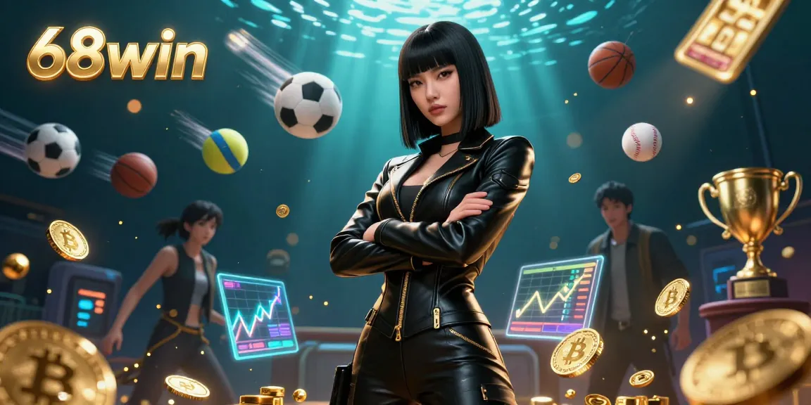 Experience the thrill of 68win with a stunning Asian woman in a futuristic casino environment surrounded by sports elements.