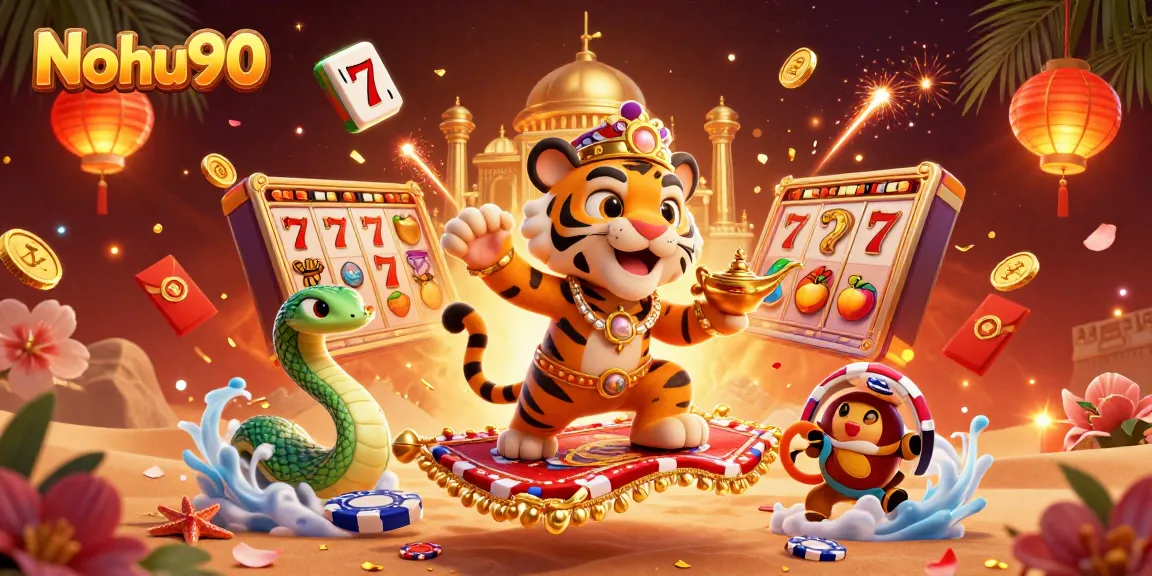 Nohu90 elevates excitement with a vibrant scene of slot reels and a magical sultan in a dazzling casino atmosphere.