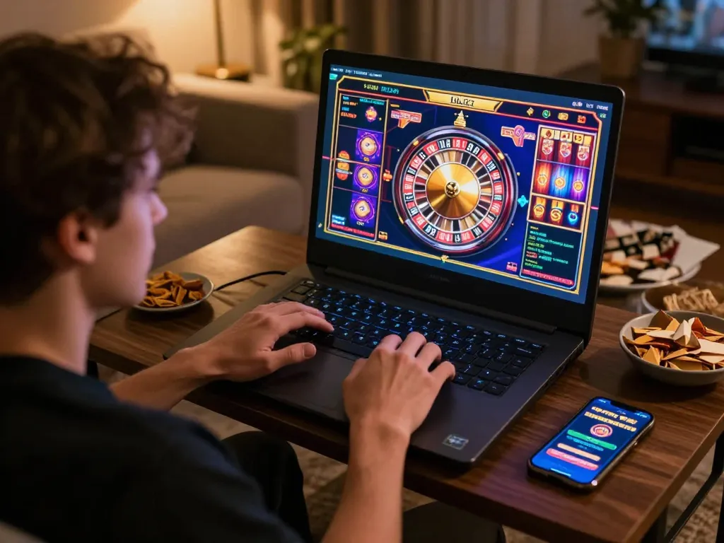 Player enjoying online casino games at home, five88 registration and gameplay screen illuminated