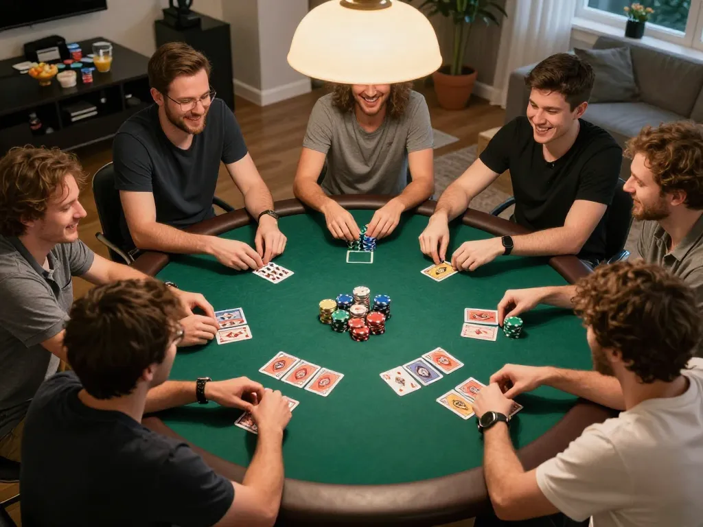 Situs Poker Lapak303 showcases an engaging home poker night with friends, chips, and cards in a cozy setting.
