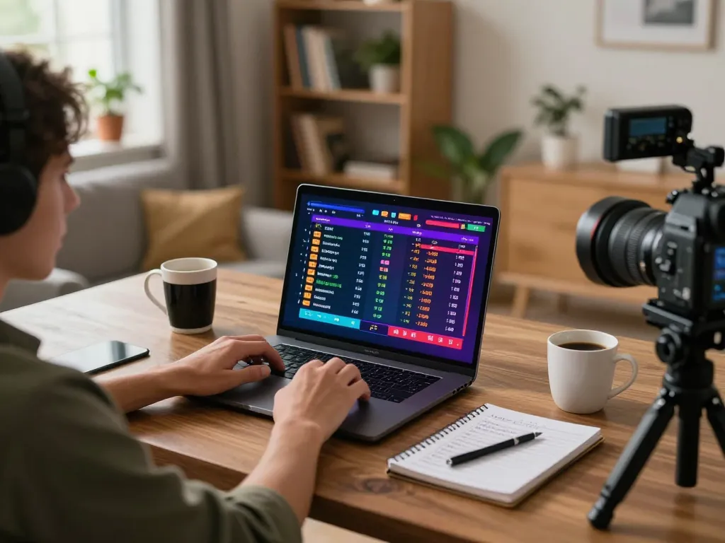 Person engaging in debet sports betting using a laptop, strategic notes and coffee nearby