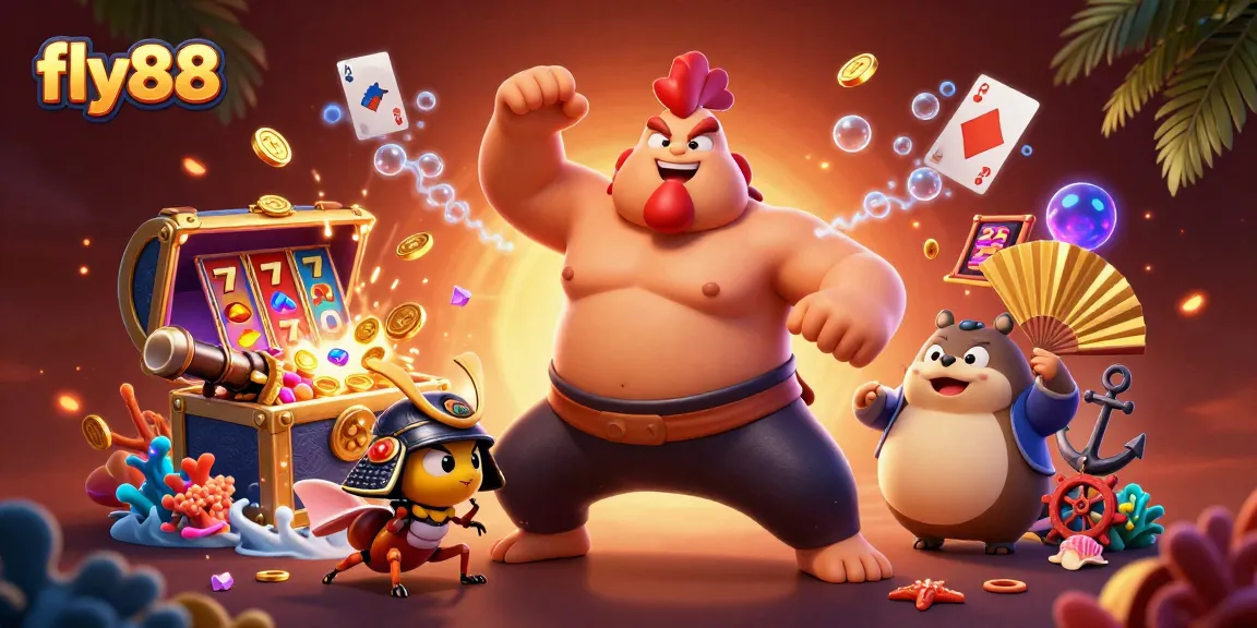Experience fly88's electrifying gaming scene with a powerful sumo rooster and dynamic slot elements.