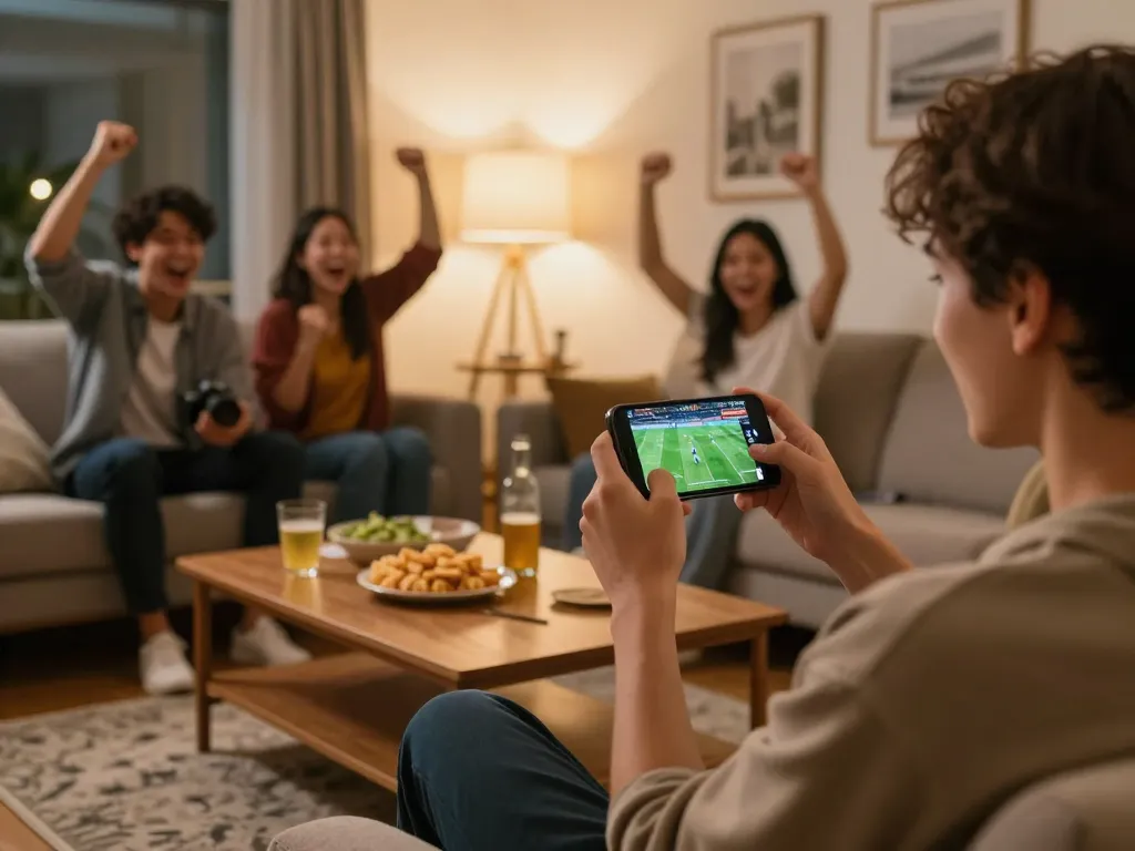 Socolive user watching a live football match on smartphone in a cozy living room atmosphere.