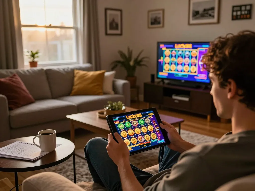 Player enjoying lucky88 slot game on tablet at home with cozy atmosphere and strategy notes