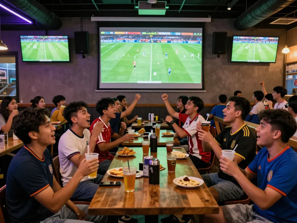 xem trực tiếp bóng đá hôm nay with excited fans enjoying the game in a festive sports bar atmosphere