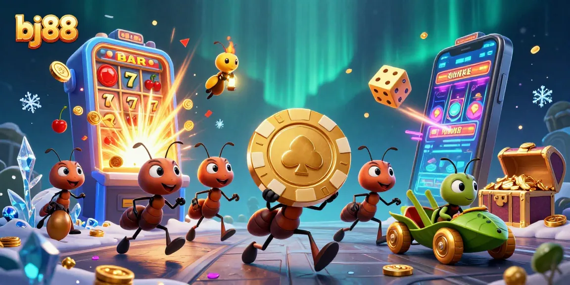 Experience thrilling gameplay at bj88 with ants heisting a poker chip in a vibrant casino setting.