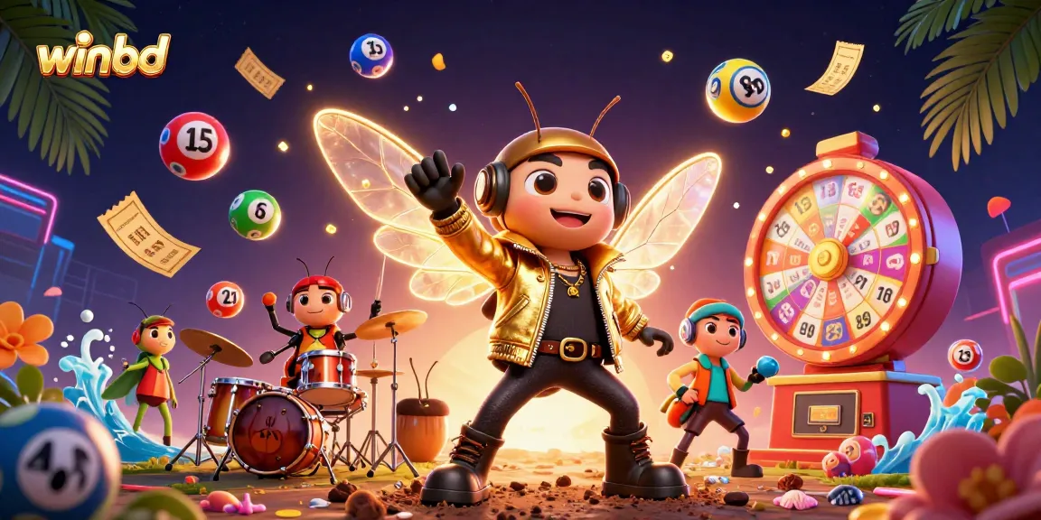 Experience winbd's vibrant casino energy with a cicada rock star, golden tickets, and colorful lottery balls.