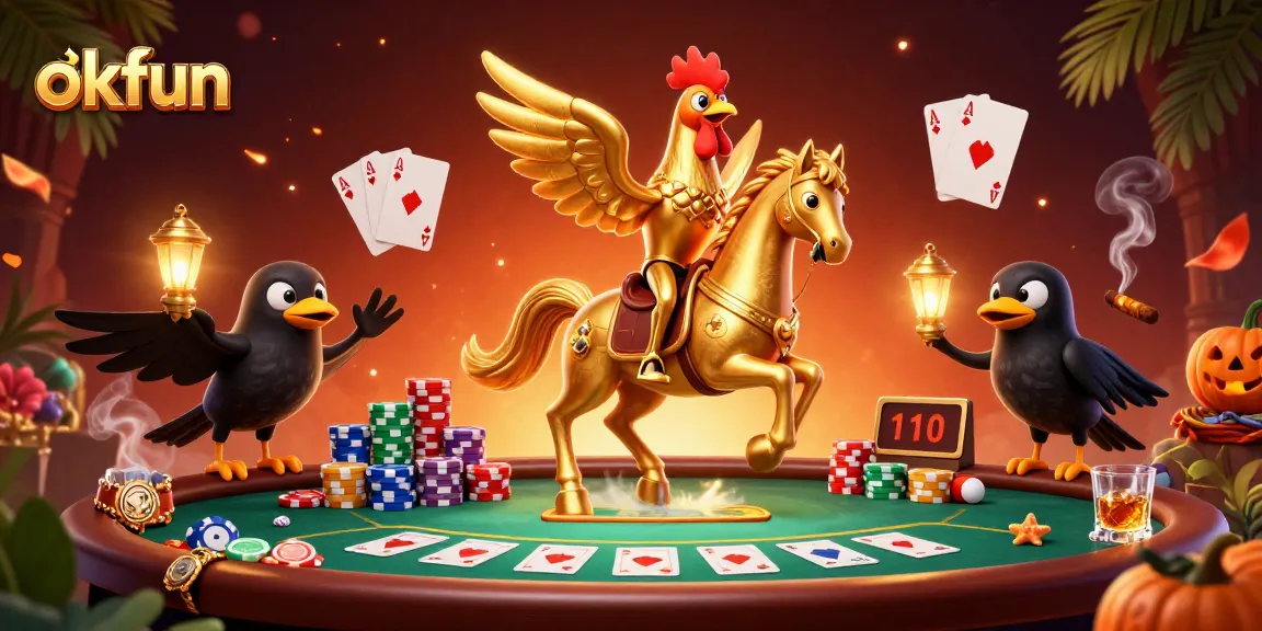 Experience the thrills at okfun with this vibrant 3D casino illustration featuring dynamic characters and poker elements.