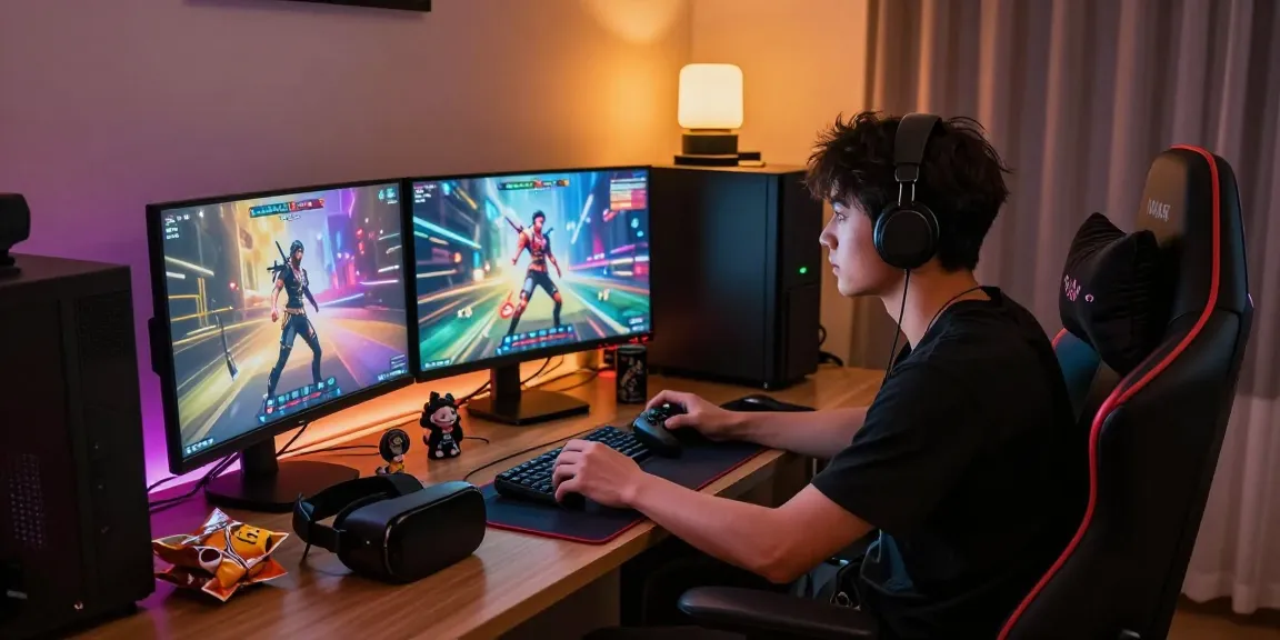 Engaging gamer playing nsfw games in a cozy, ambient-lit room