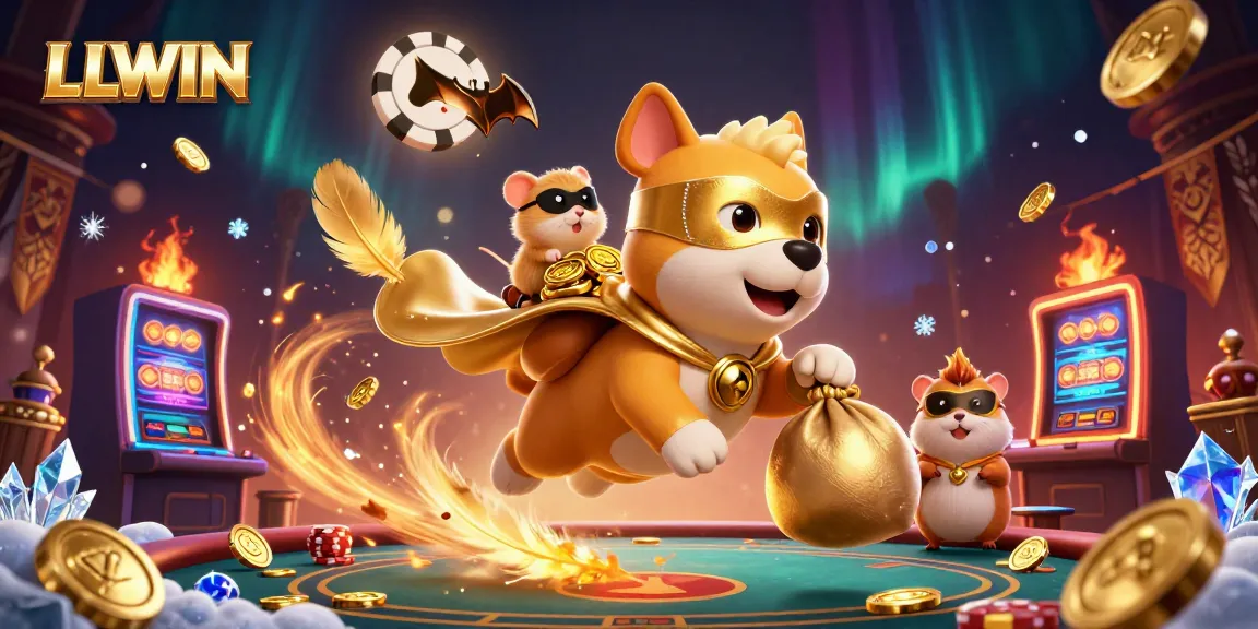 LLWIN platform showcases a superhero dog and hamster in a casino setting, embodying excitement.
