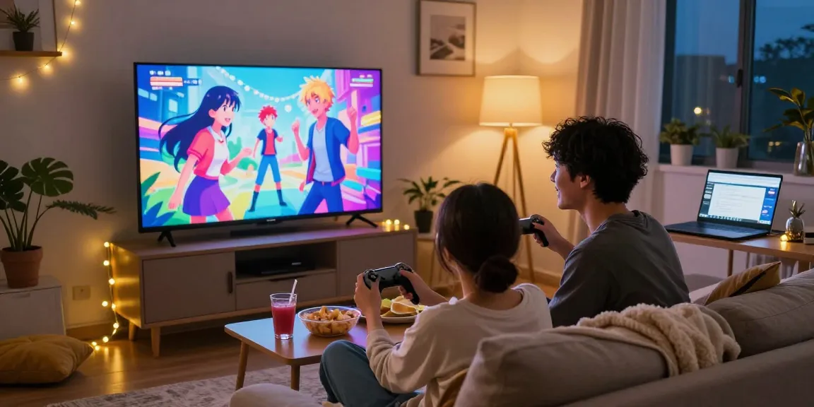 Couple enjoying hentaigames in a cozy living room with snacks and playful banter.