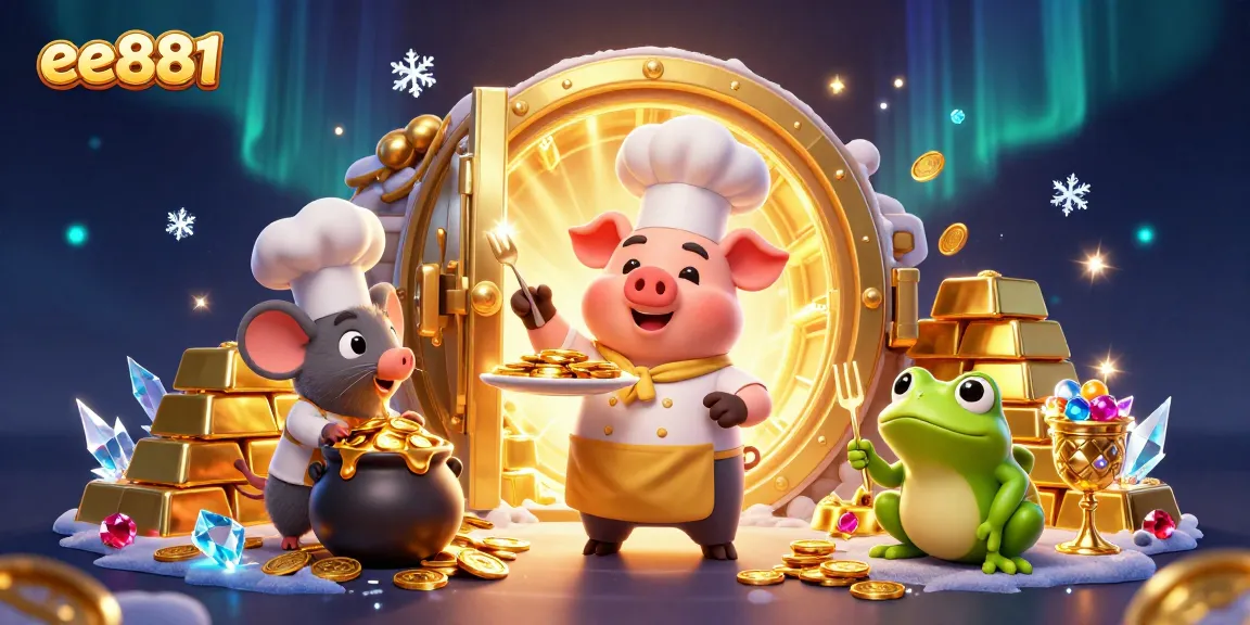 Engage with ee881 to savor stunning gold coins served by a chef pig in a vibrant casino atmosphere.