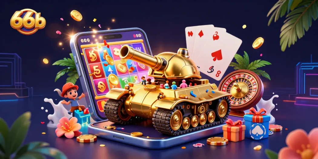Experience thrilling action at 66b online casino with a vibrant 3D illustration of a mini casino within a golden beetle tank.