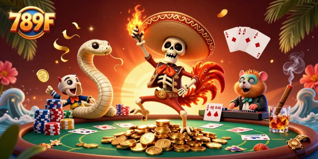 Win big at 789F with vibrant gaming characters celebrating on gold coins.
