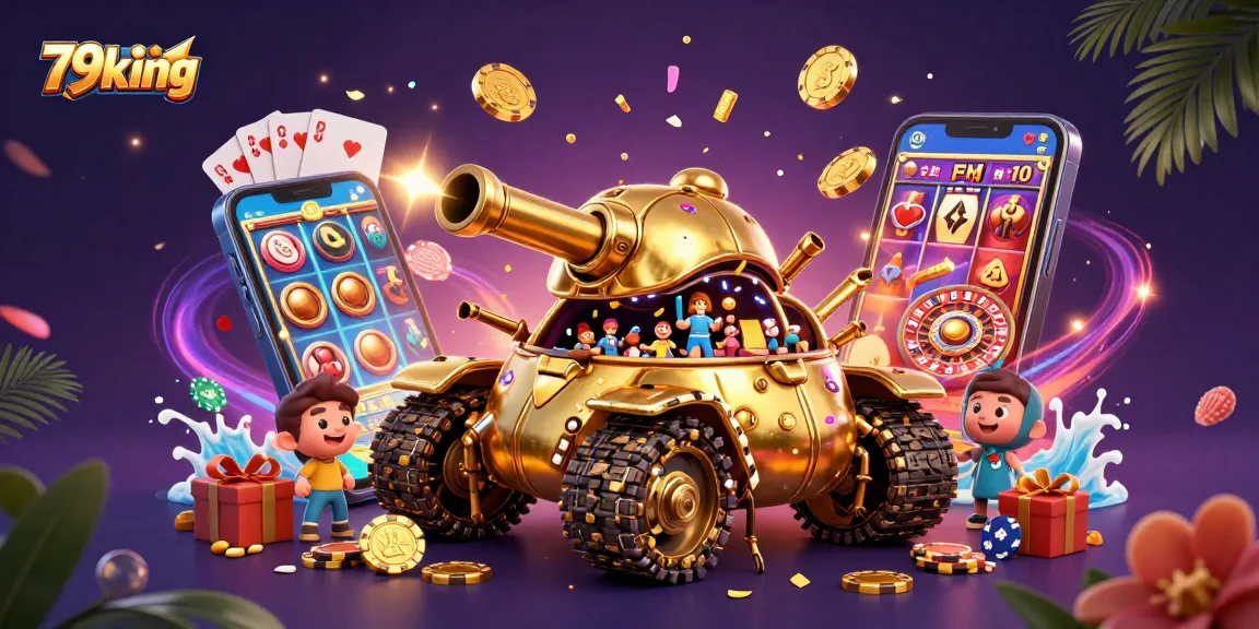 Spin the reels with 79king's dynamic casino experience showcasing vibrant slot games and celebratory confetti.