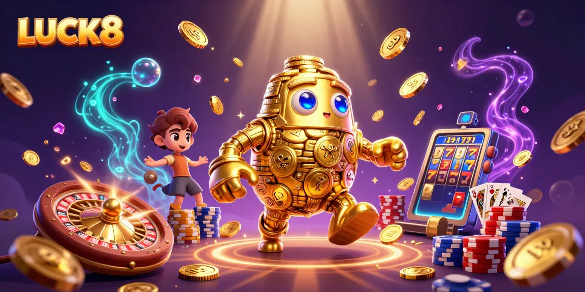 Experience thrilling gameplay at LUCK8, featuring a dynamic scene of casino action with gold coins and vibrant designs.