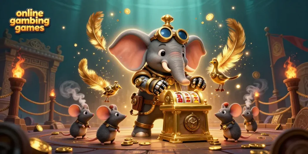 Experience the thrill of online gambling games with a steampunk elephant and slot machine action.