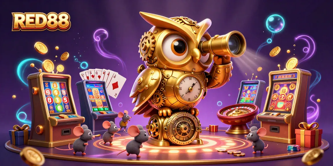 Engage with exciting animations featuring RED88, a whimsical casino scene filled with charming characters and vibrant games.