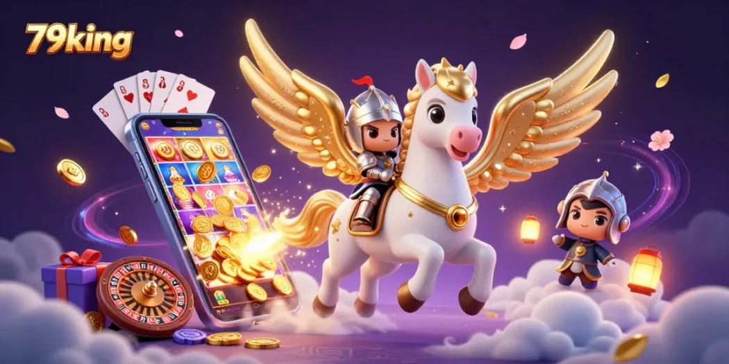 Experience the thrill of 79king with a knight riding a magical horse amid casino elements.