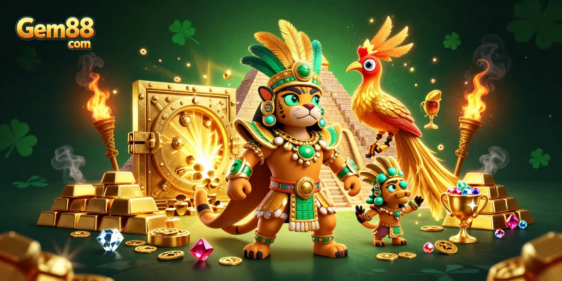 Experience thrilling wins at Gem88 com with vibrant 3D casino scenes featuring Mayan characters and treasures.
