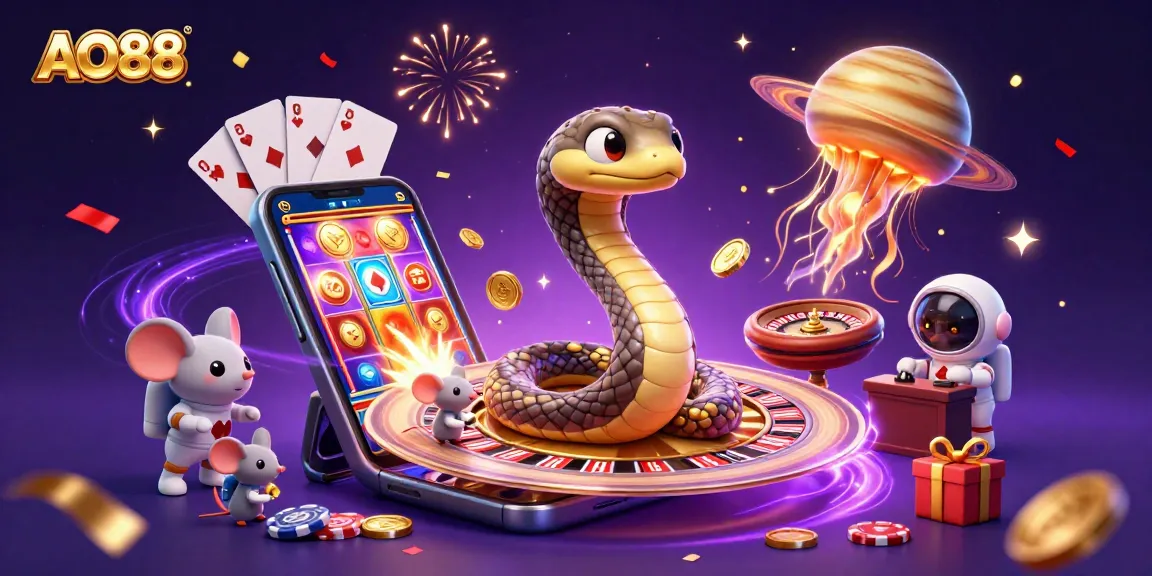 Experience thrilling bets at AO88 in this vibrant cosmic casino illustration featuring unique characters.
