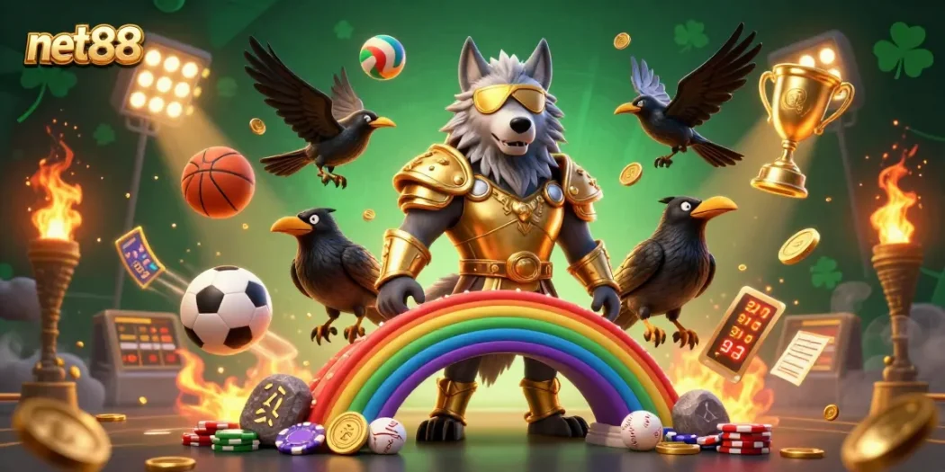 Experience net88 with a vibrant 3D Norse-inspired casino scene filled with sports elements.