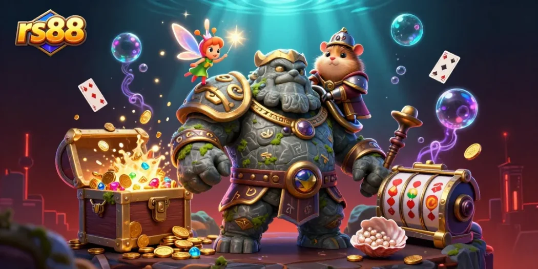 Experience the excitement of rs88 with a magical scene featuring a golem, fairy, and hamster knight amidst treasure and gaming elements.