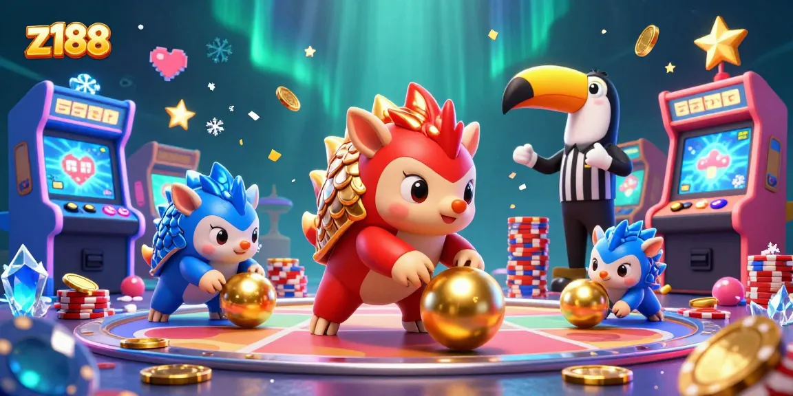 Experience thrilling casino action with z188's vibrant pangolins engaged in gambling amidst glowing arcade elements.