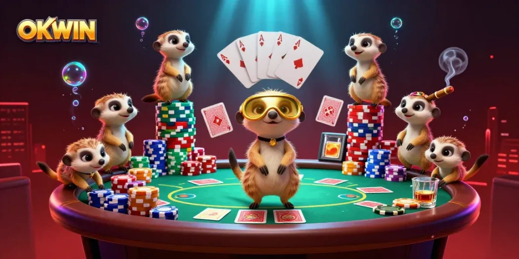 Watch OKWIN meerkats dealing cards and sneaking chips in a vibrant casino scene.