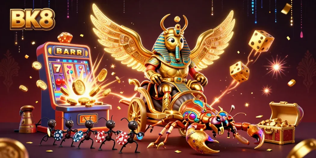 Experience the thrilling world of BK8 with a vibrant casino illustration filled with games and excitement.