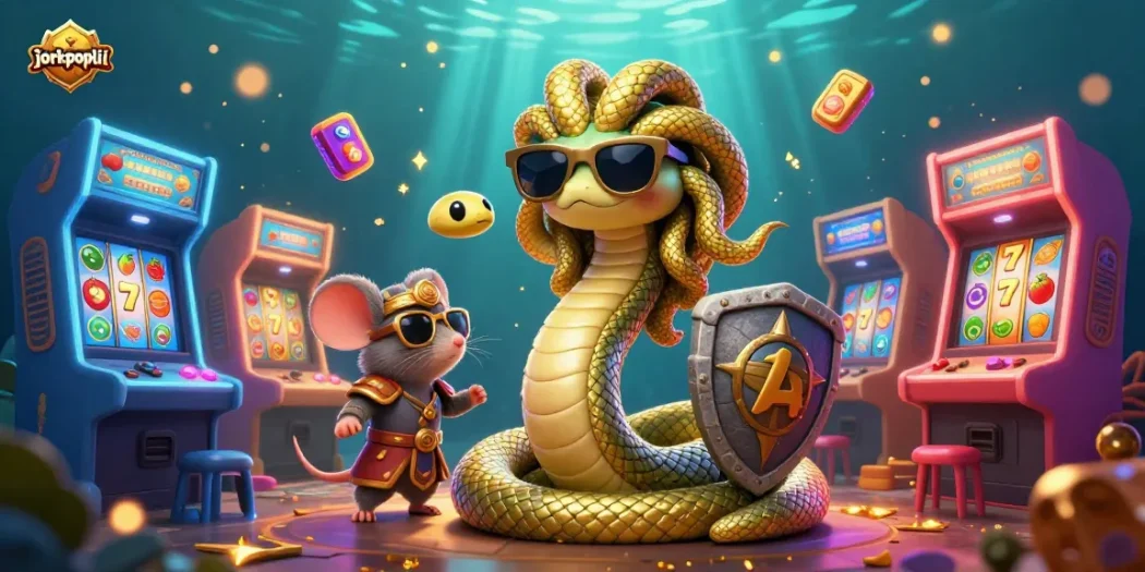 Experience the excitement at jorkpoplil's vibrant slot game with Medusa and a warrior mouse.