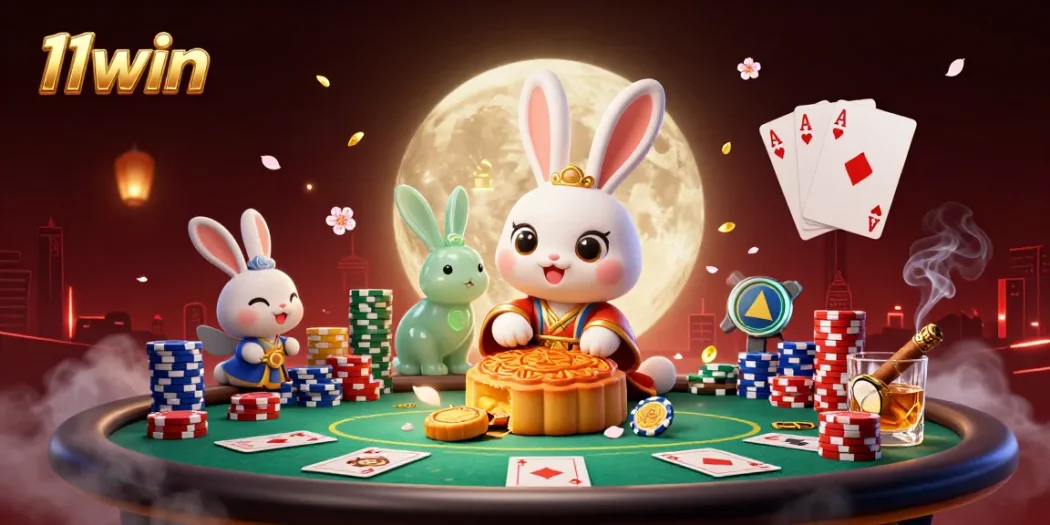 Experience the magic of 11win with a moon rabbit introducing poker fun amidst mystical lunar scenery.